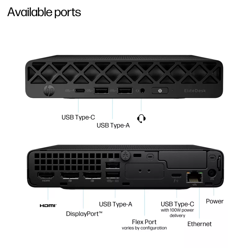 Mini PC HP EliteDesk 8 Mini G1i AI — Intel Core Ultra 7 265T, 16 GB DDR5, 1 TB SSD, Windows 11 Pro, nero