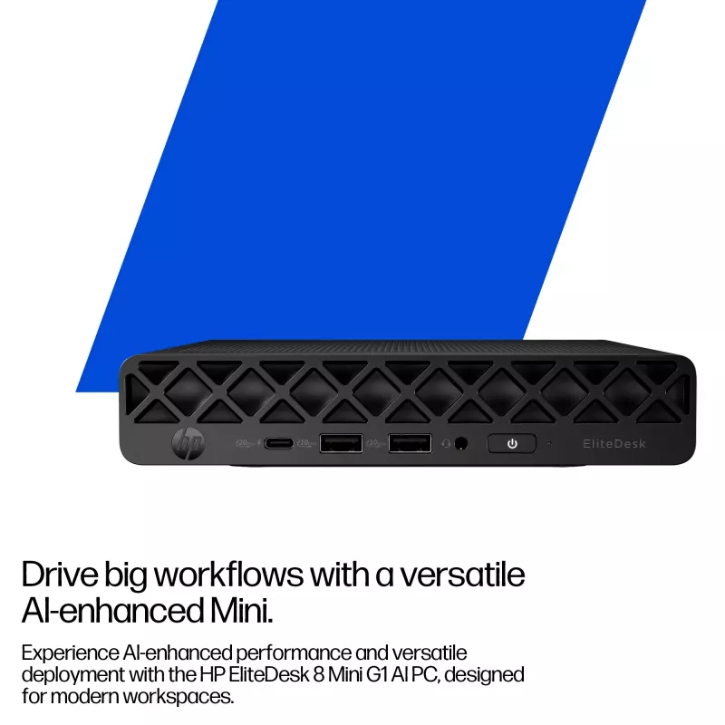 Mini PC HP EliteDesk 8 Mini G1i AI — Intel Core Ultra 7 265T, 16 GB DDR5, 1 TB SSD, Windows 11 Pro, nero