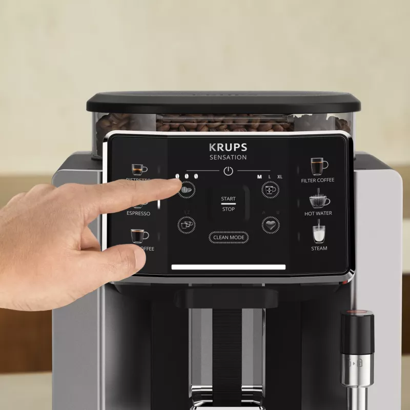 Macchina per espresso KRUPS Sensation EA910E — automatica, serbatoio acqua 1,7 l, macinacaffè integrato, 2 erogatori, 1450 W