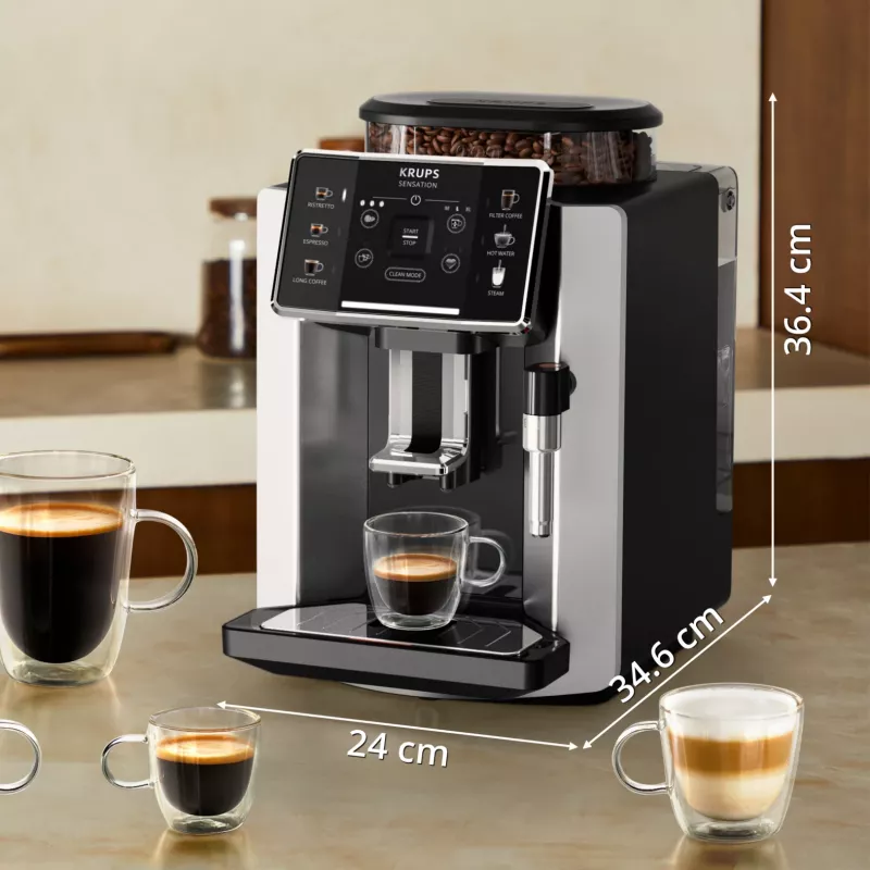 Macchina per espresso KRUPS Sensation EA910E — automatica, serbatoio acqua 1,7 l, macinacaffè integrato, 2 erogatori, 1450 W