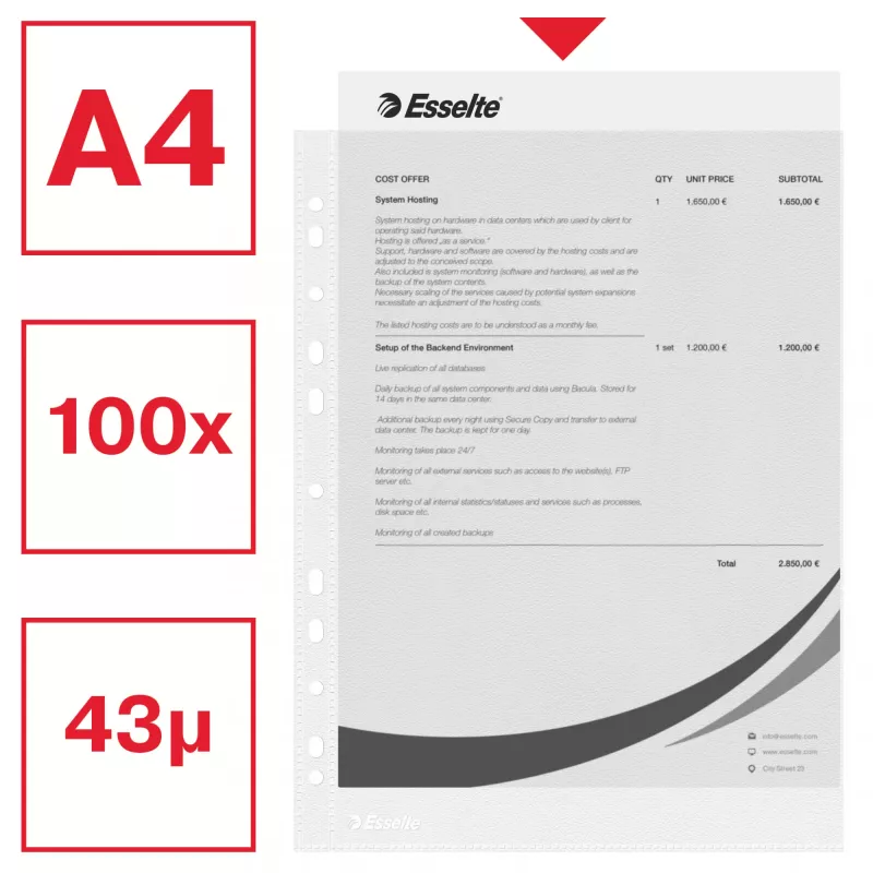 Esselte buste trasparenti A4 – Economy –, 210 x 297 mm (A4), trasparente, polipropilene (PP), verticale, apertura superiore, 230 mm
