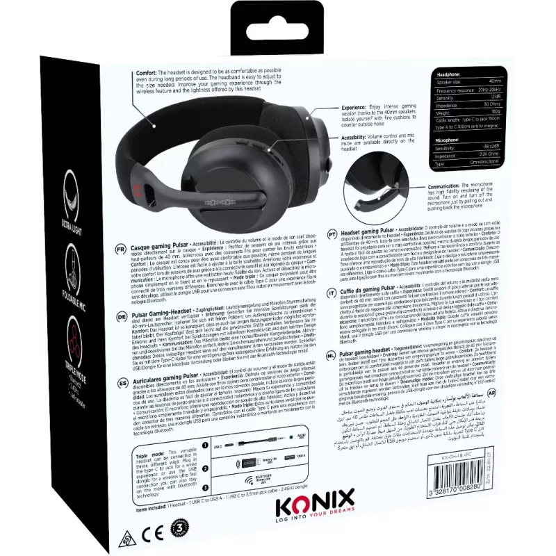 Konix PULSAR cuffie con filo e senza fili archetto gaming USB Type-C Bluetooth nero