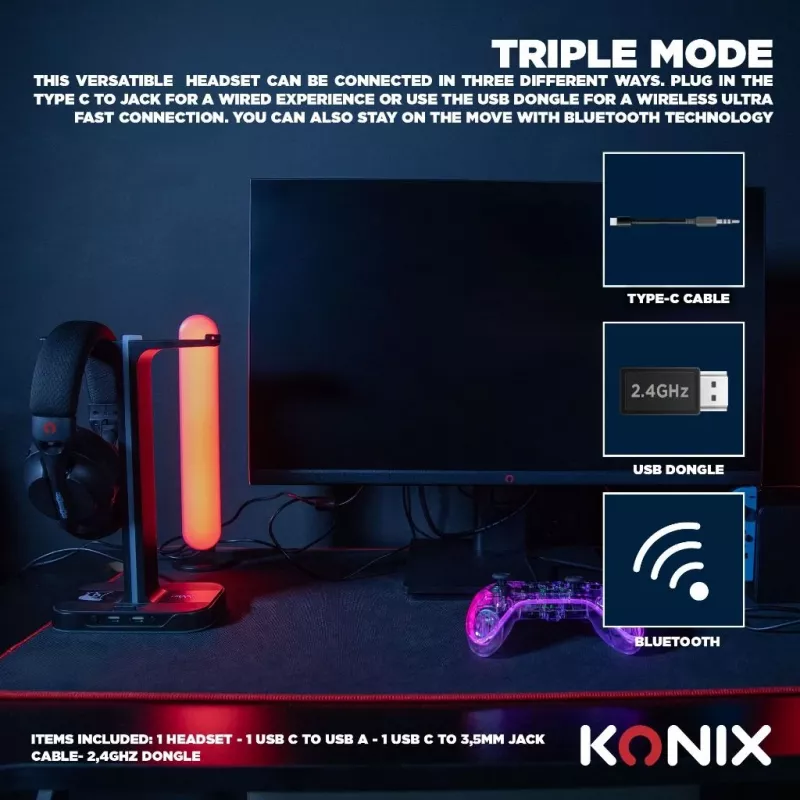 Konix PULSAR cuffie con filo e senza fili archetto gaming USB Type-C Bluetooth nero