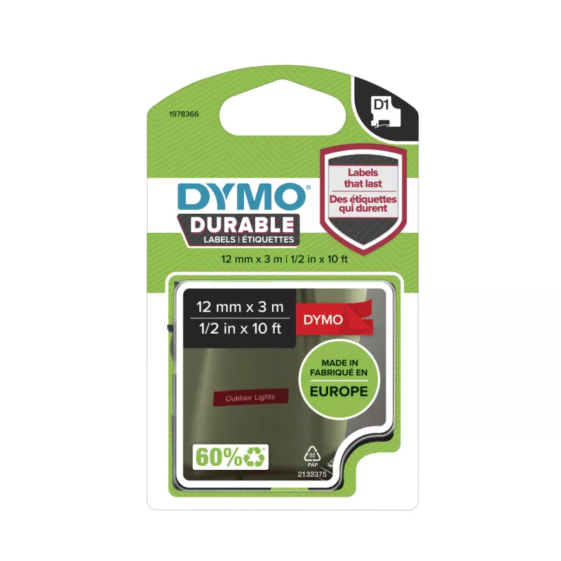 DYMO Authentic D1 Durable Labels | stampa nera su nastro rosso | 12 mm x 3 m | nastro per etichettatura per etichettatrici LabelManager