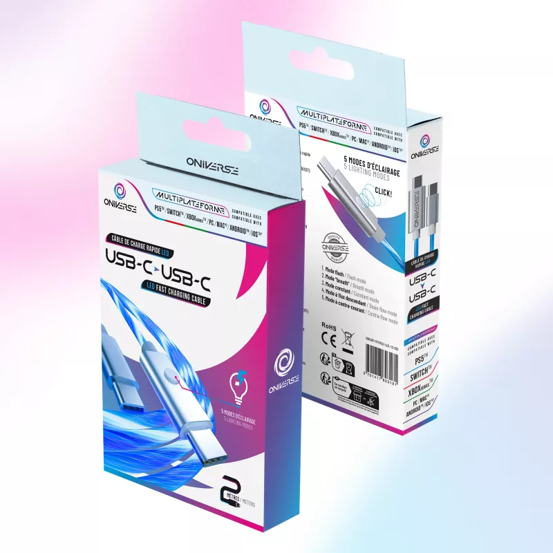 Oniverse cavo a ricarica rapida USB-C a USB-C – 2 metri – LED (multipiattaforma)