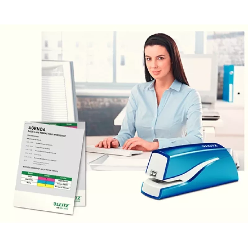 Leitz NeXXt cucitrice a batteria WOW 5566, 10 fogli, 1 cm, plastica, blu, bianco, batteria, 50 mm
