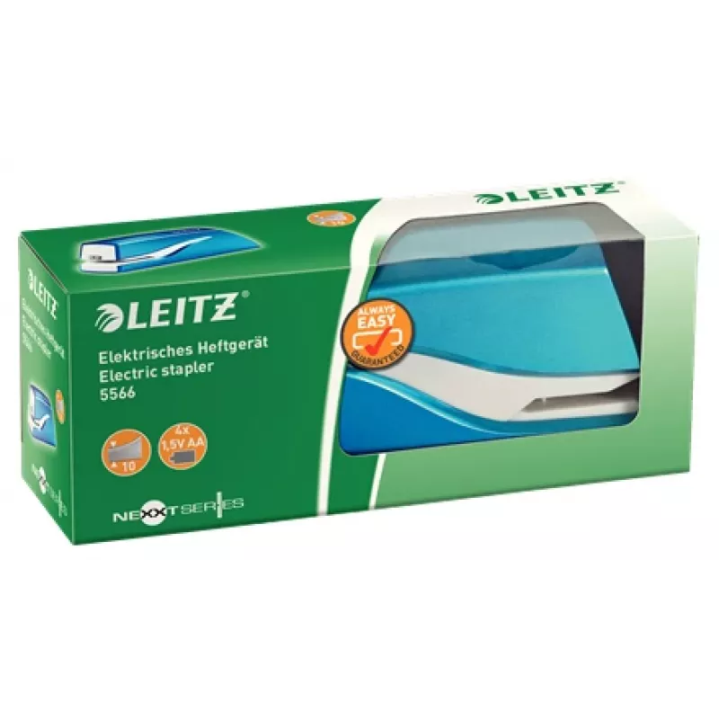 Leitz NeXXt cucitrice a batteria WOW 5566, 10 fogli, 1 cm, plastica, blu, bianco, batteria, 50 mm