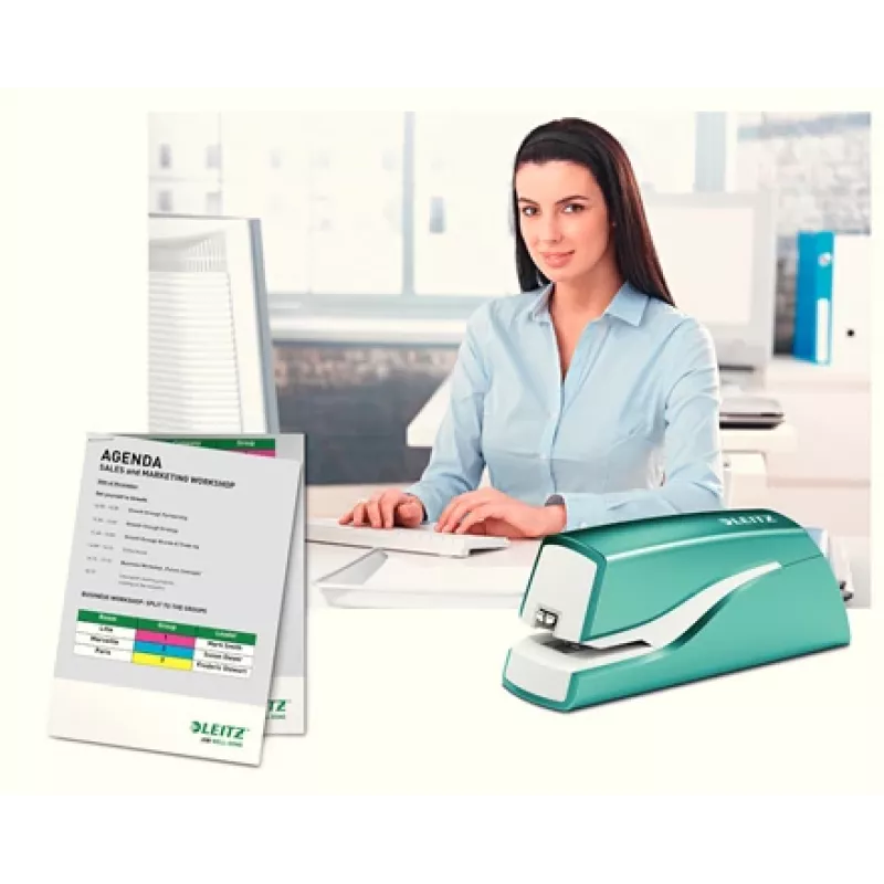 Leitz NeXXt cucitrice a batteria WOW 5566, 10 fogli, 1 cm, plastica, blu, bianco, batteria, 50 mm