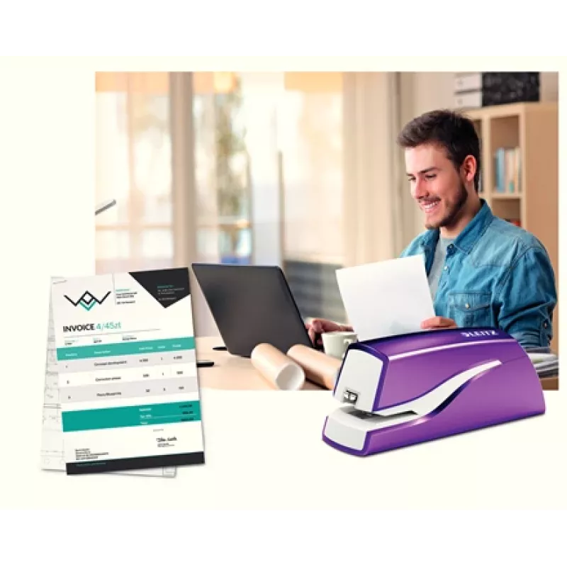 Leitz NeXXt cucitrice a batteria WOW 5566, 10 fogli, 1 cm, plastica, viola, bianco, batteria, 50 mm
