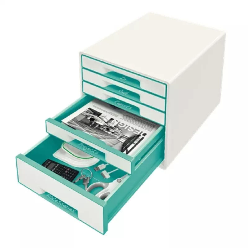 Leitz cassettiera WOW Cube con 5 cassetti, 5 cassetti, plastica, turchese, bianco, 1 pz., 287 mm, 270 mm
