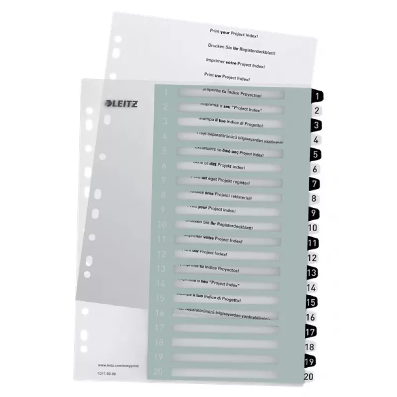Leitz Indici Printable PP A4+ 1-20 WOW bianco/nero, indice numerico, polipropilene (PP), nero, bianco, A4 Maxi, 245 mm, 305 mm