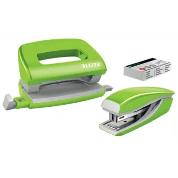 Leitz Set cucitrice e perforatrice Mini WOW, 10 fogli, verde, P2, metallo, plastica, 3,5 cm, 100 punti
