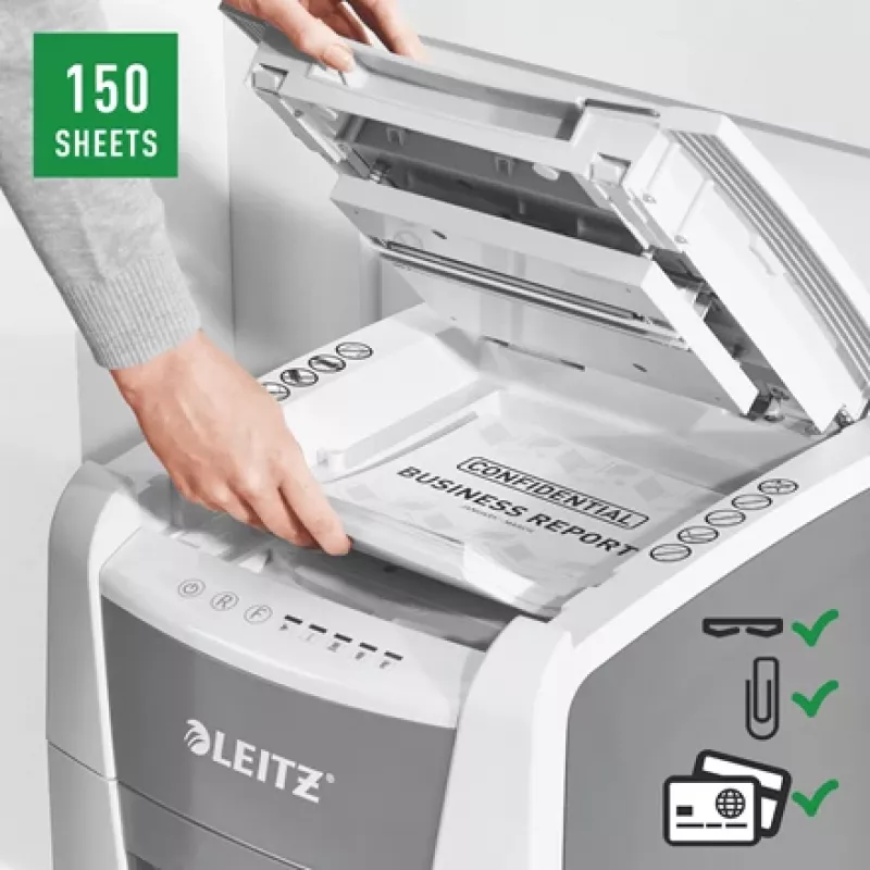 Leitz IQ Autofeed Office 150 Distruggidocumenti automatico P5, taglio micro, 22 cm, 2 x 15 mm, 44 L, 500 fogli, 55 dB