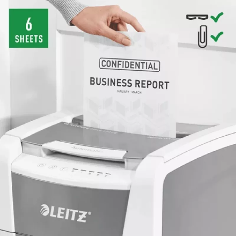 Leitz IQ Autofeed Office 150 Distruggidocumenti automatico P5, taglio micro, 22 cm, 2 x 15 mm, 44 L, 500 fogli, 55 dB