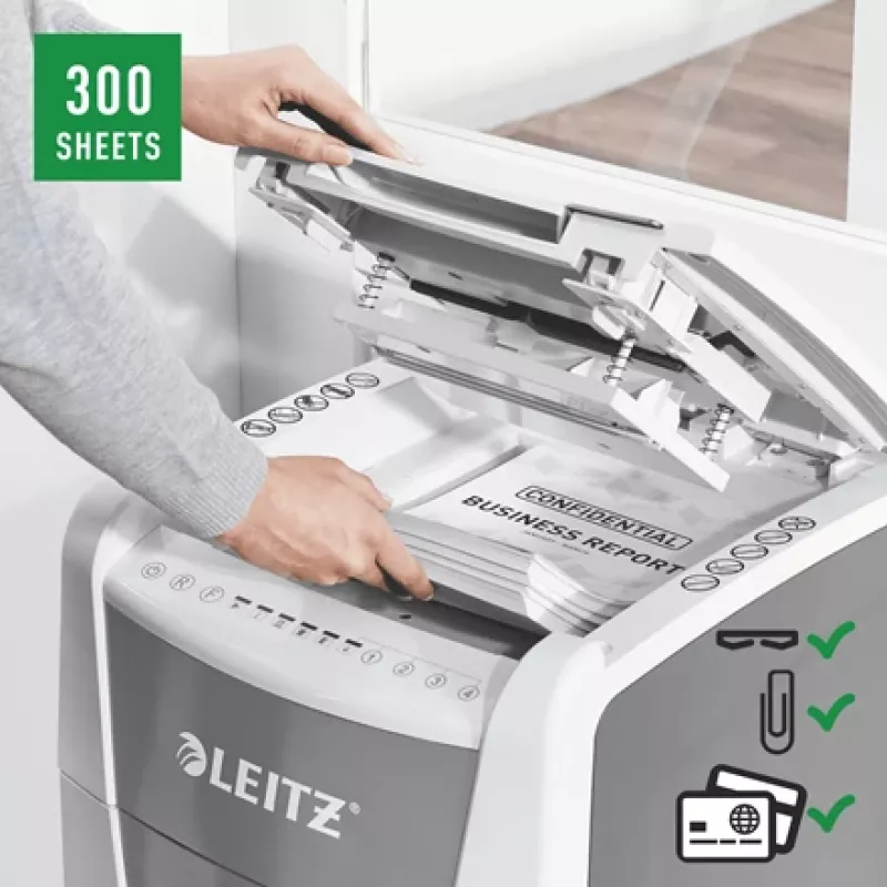 Leitz IQ Autofeed Office 300 Distruggidocumenti P5, taglio micro, 22 cm, 2 x 15 mm, 60 L, 700 fogli, 55 dB