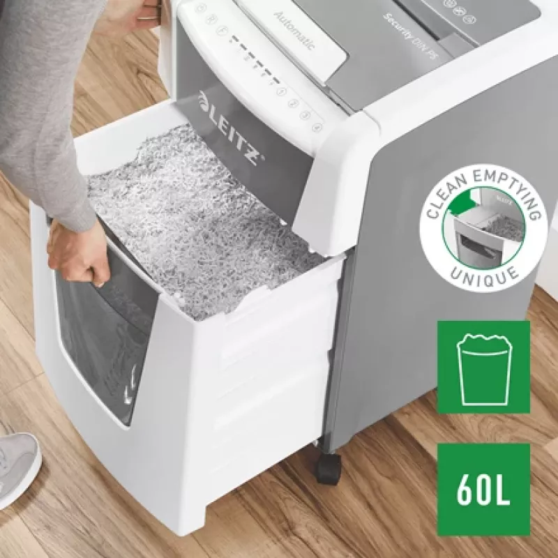 Leitz IQ Autofeed Office 300 Distruggidocumenti P5, taglio micro, 22 cm, 2 x 15 mm, 60 L, 700 fogli, 55 dB