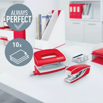 Leitz set cucitrice e perforatrice Mini WOW, 10 fogli, rosso, P2, metallo, 80 g/m², 3,5 cm