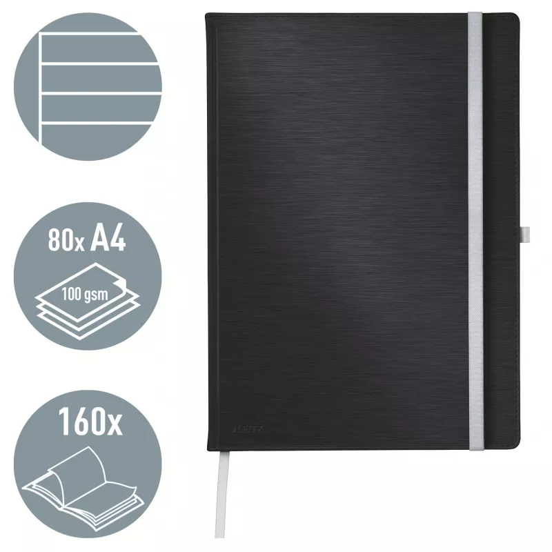 Leitz Style quaderno A4 a righe con copertina rigida, monocromatico, nero, A4, 80 fogli, 100 g/m², carta a righe