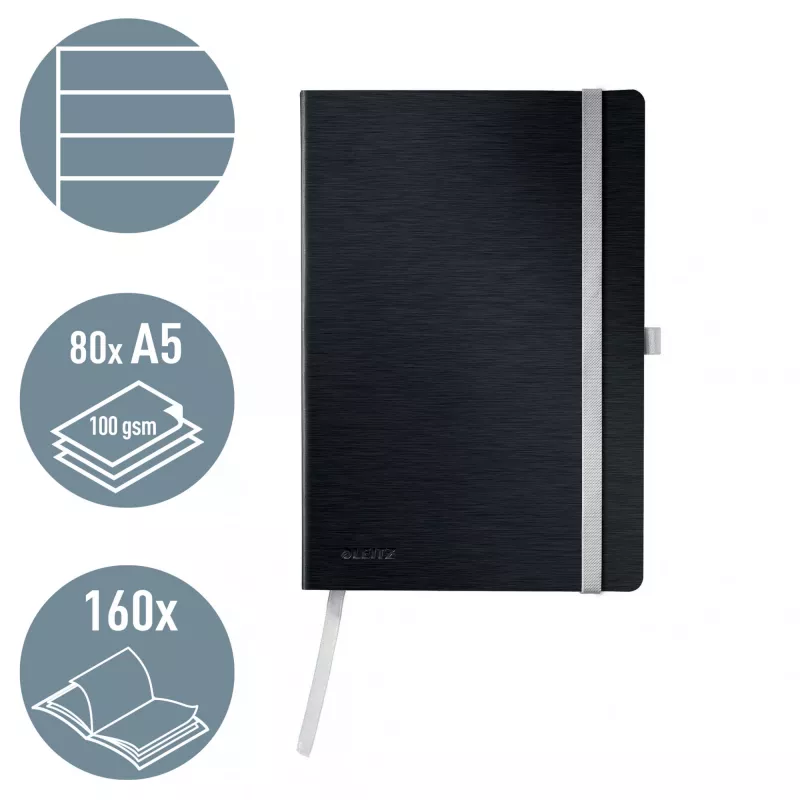 Leitz Style quaderno A5 a righe con copertina morbida, monocromatico, nero, A5, 80 fogli, 100 g/m², carta a righe