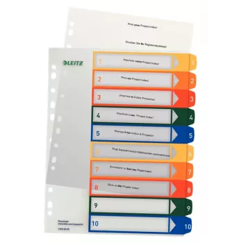 LEITZ indice in plastica, numeri, A4 extra largo, 1-10, stampabile PC, trasparente con linguette colorate, PP, 10 pezzi (1293-00-00)