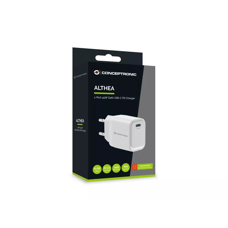 CONCEPTRONIC ALTHEA19W45 caricabatterie GaN USB-C PD 1 porta 45W con PPS, PD 3.0, 100–240V, bianco