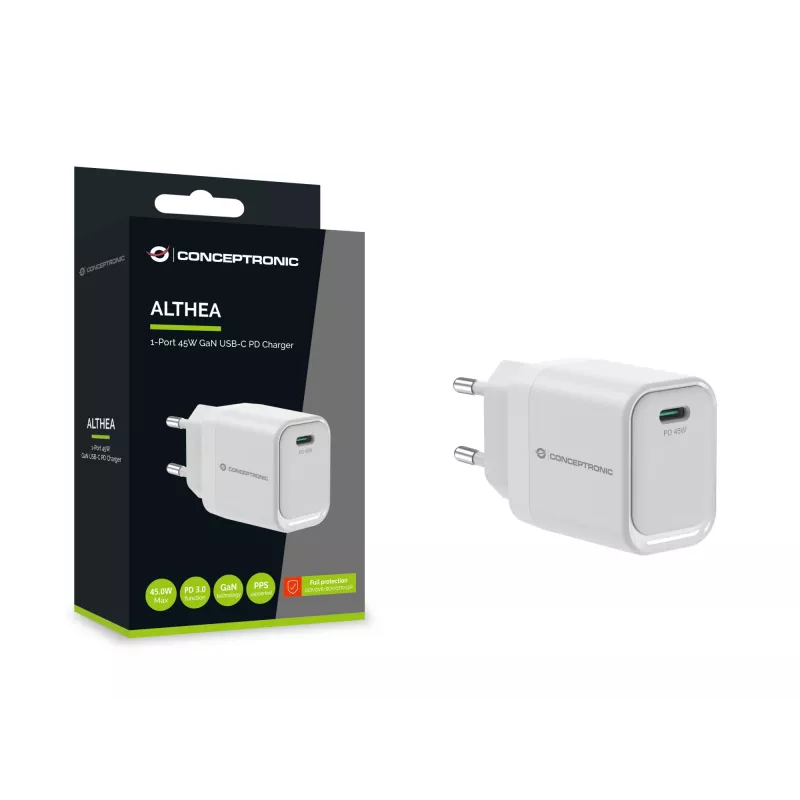 CONCEPTRONIC ALTHEA19W45 caricabatterie GaN USB-C PD 1 porta 45W con PPS, PD 3.0, 100–240V, bianco