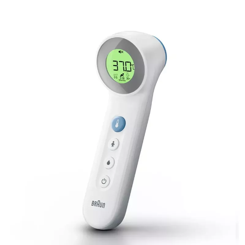 Termometro digitale frontale BRAUN BNT400 — misurazione a distanza, intervallo 34–43 °C, precisione 0,1 °C, bianco