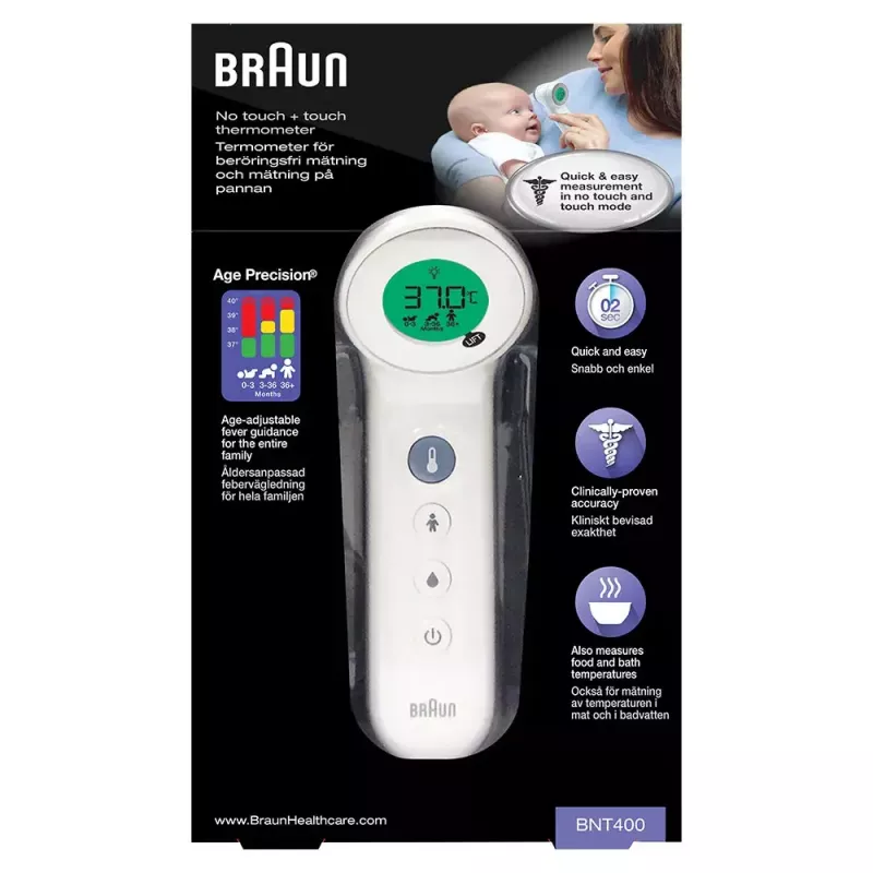 Termometro digitale frontale BRAUN BNT400 — misurazione a distanza, intervallo 34–43 °C, precisione 0,1 °C, bianco