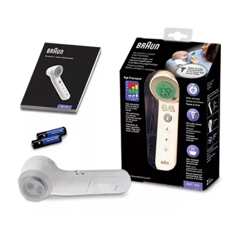 Termometro digitale frontale BRAUN BNT400 — misurazione a distanza, intervallo 34–43 °C, precisione 0,1 °C, bianco