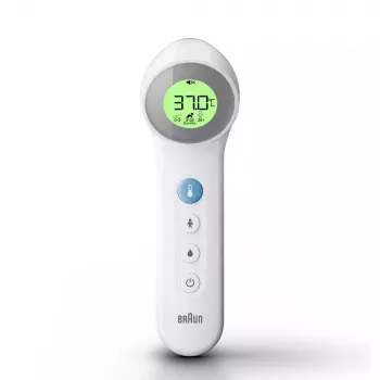 Termometro digitale frontale BRAUN BNT400 — misurazione a distanza, intervallo 34–43 °C, precisione 0,1 °C, bianco