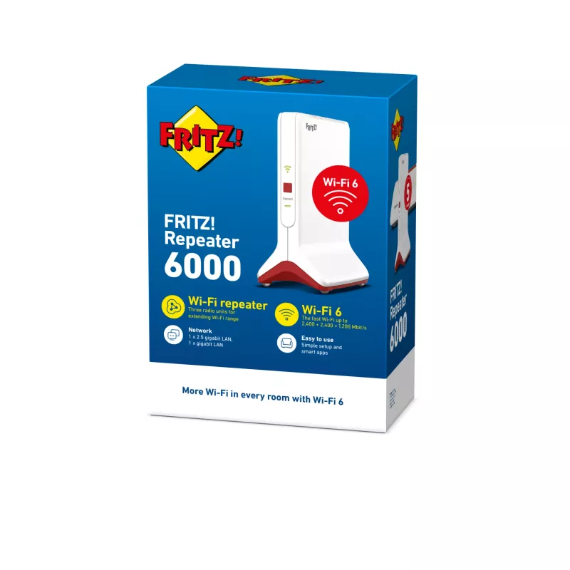 Range extender wireless AVM FRITZ!Repeater 6000 Edition International — tri-band 6000 Mbit/s, 2x LAN, bianco