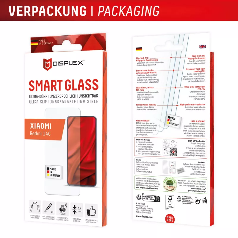 Displex Smart Glass (9H) per Xiaomi Redmi 14C, adesivo di montaggio, infrangibile