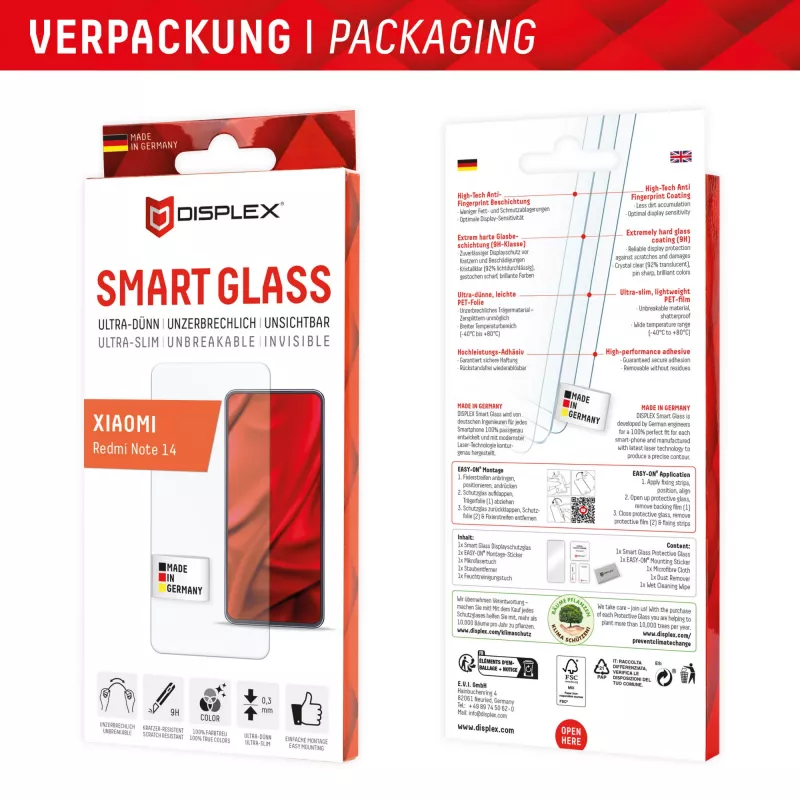 Displex Smart Glass (9H) per Xiaomi Redmi Note 14, adesivo di montaggio, infrangibile
