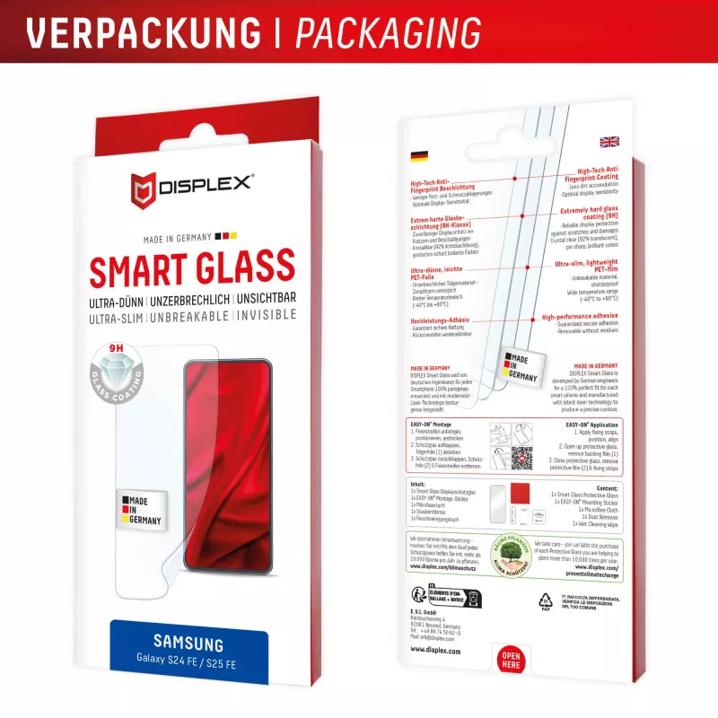 Displex Smart Glass (9H) per Samsung Galaxy S25 FE/S24 FE, adesivo di montaggio, infrangibile