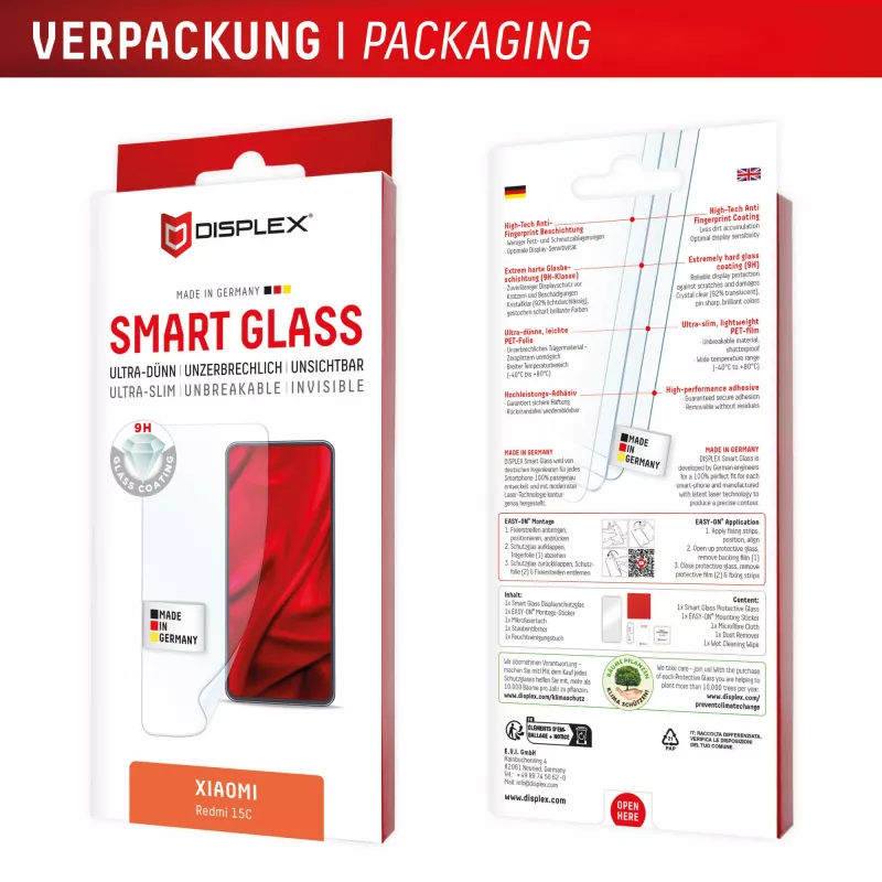 e.v.i. DISPLEX Smart Glass per Xiaomi Redmi 15C — pellicola in vetro temperato, modello 02198
