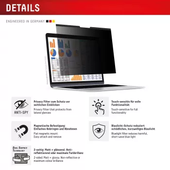 Filtro privacy e.v.i. Displex PRIVACY SAFE magnetico 2 vie per laptop / notebook 16 pollici (16:10), senza cornice, lucido/opaco, 3H