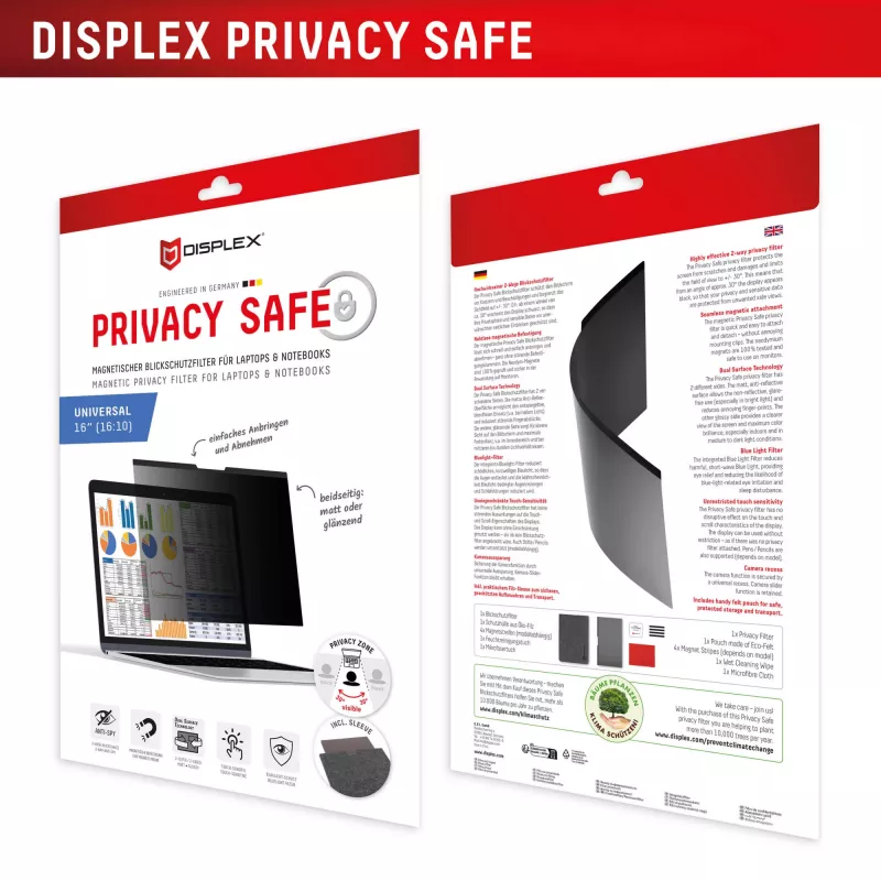 Filtro privacy e.v.i. Displex PRIVACY SAFE magnetico 2 vie per laptop / notebook 16 pollici (16:10), senza cornice, lucido/opaco, 3H