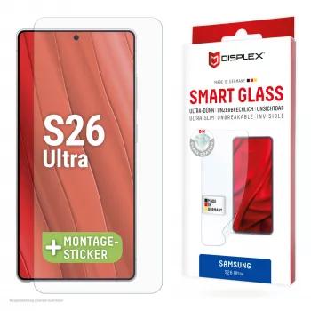 Displex Smart Glass (9H) per Samsung S26 Ultra, infrangibile, Samsung, Galaxy S26 Ultra, applicazione a secco, resistente alla rottura, idrorepellente allo sporco, antigraffio, trasparente, 1 pezzo