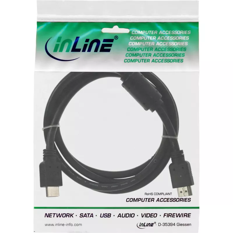 InLine cavo HDMI High Speed connettore maschio + ferrite nero 1,8 m, 1,8 m, HDMI Type-A (standard), HDMI Type-A (standard), Nero
