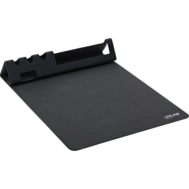 Tappetino mouse InLine 55261 — sottomano multifunzionale in gomma con porta smartphone e penna, 250×? mm, nero