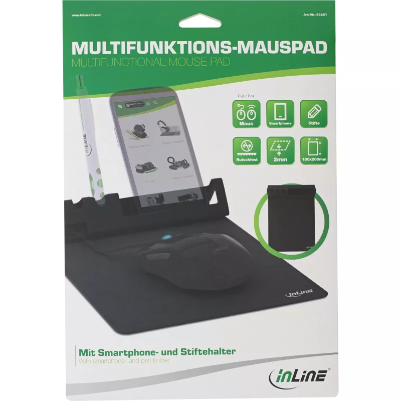 Tappetino mouse InLine 55261 — sottomano multifunzionale in gomma con porta smartphone e penna, 250×? mm, nero