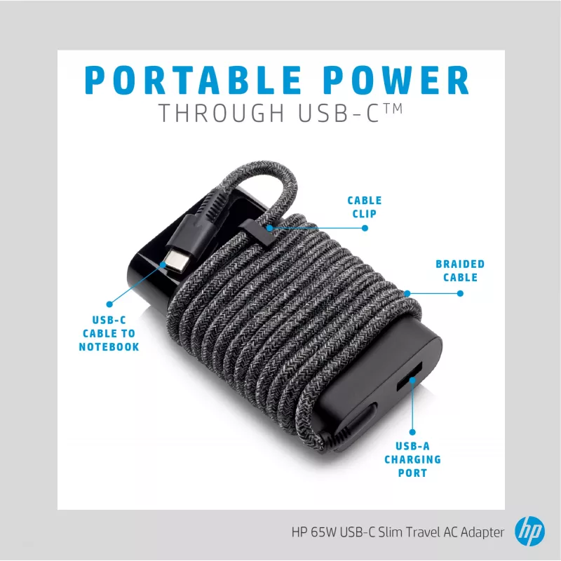 HP alimentatore da viaggio sottile USB-C 65W, laptop, universale, 90 V, 47 - 63 Hz, 65 W, 20 V