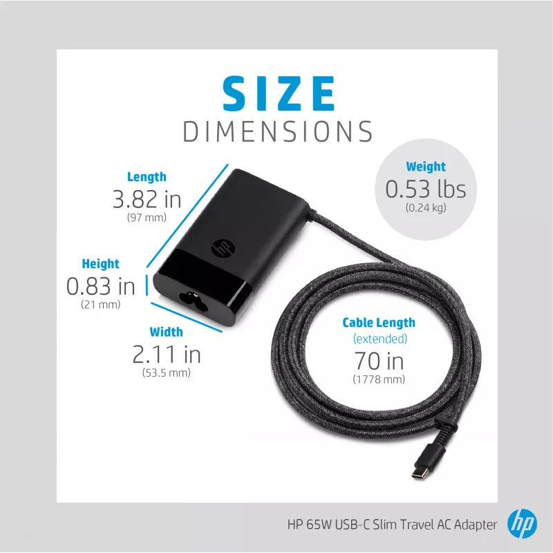 HP alimentatore da viaggio sottile USB-C 65W, laptop, universale, 90 V, 47 - 63 Hz, 65 W, 20 V