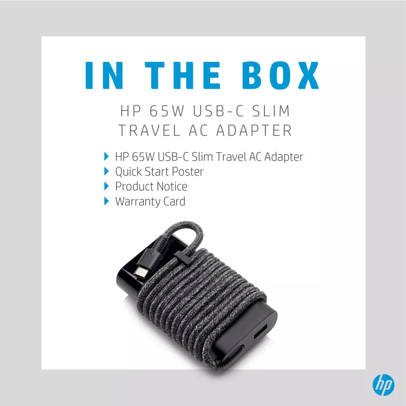 HP alimentatore da viaggio sottile USB-C 65W, laptop, universale, 90 V, 47 - 63 Hz, 65 W, 20 V