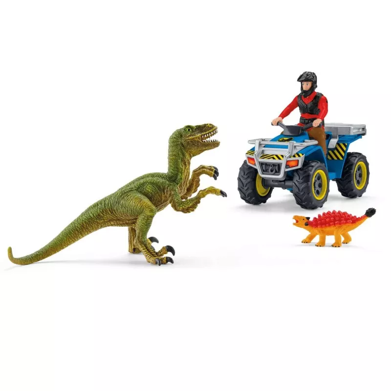 set di gioco Schleich Dinosaurs quad in fuga dal Velociraptor