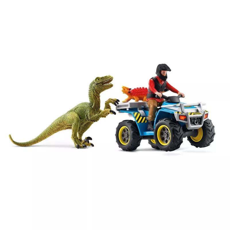 set di gioco Schleich Dinosaurs quad in fuga dal Velociraptor