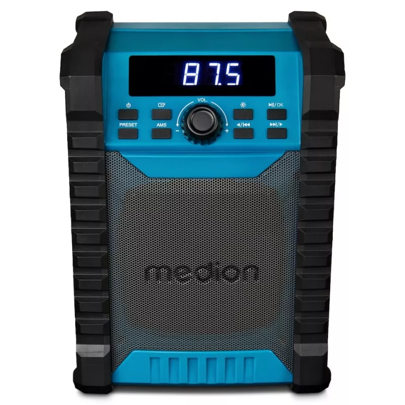 Radio digitale portatile MEDION LIFE E65895 (MD 43895) — sintonizzatore PLL, 10 W RMS, LCD, Bluetooth 10 m, IP54, antenna esterna, nero/blu