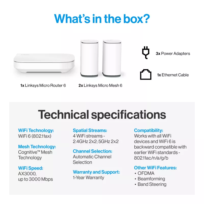 Linksys Velop Micro 6 Sistema mesh – Dual-Band WiFi 6 AX3000 (confezione da 3)