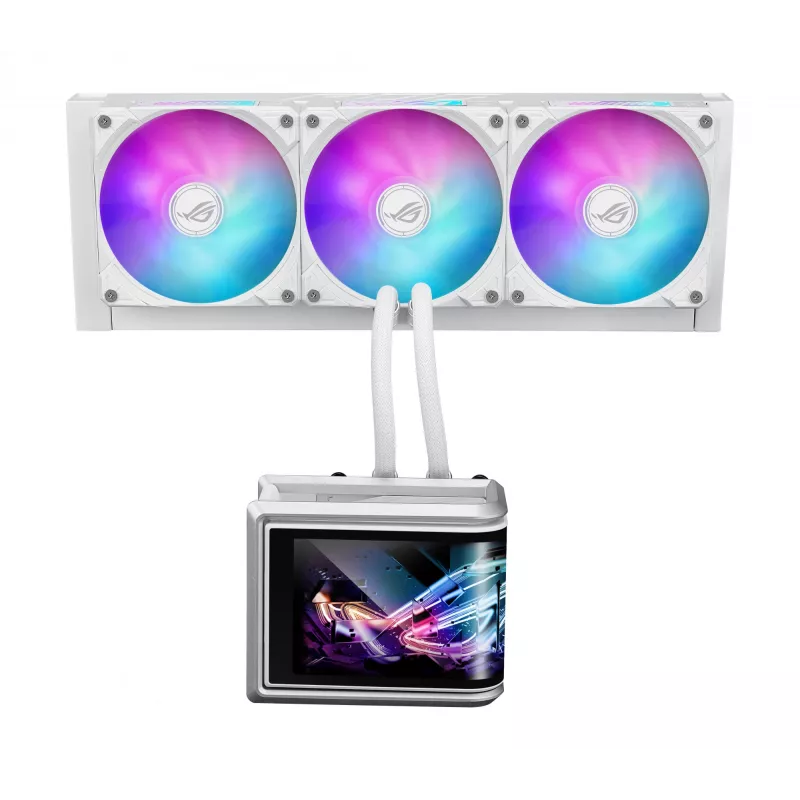 Dissipatore liquido all-in-one ASUS ROG Ryuo IV SLC 360 ARGB White Edition — radiatore da 360 mm, 3 ventole da 120 mm, display AMOLED, supporto per LGA 1700