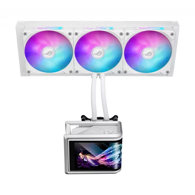 Dissipatore liquido all-in-one ASUS ROG Ryuo IV SLC 360 ARGB White Edition — radiatore da 360 mm, 3 ventole da 120 mm, display AMOLED, supporto per LGA 1700
